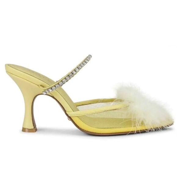 NEW RAYE Duke Heel Mesh Feather pompom Crystal Embellished Strap Pale Yellow 9.5 - Picture 3 of 10